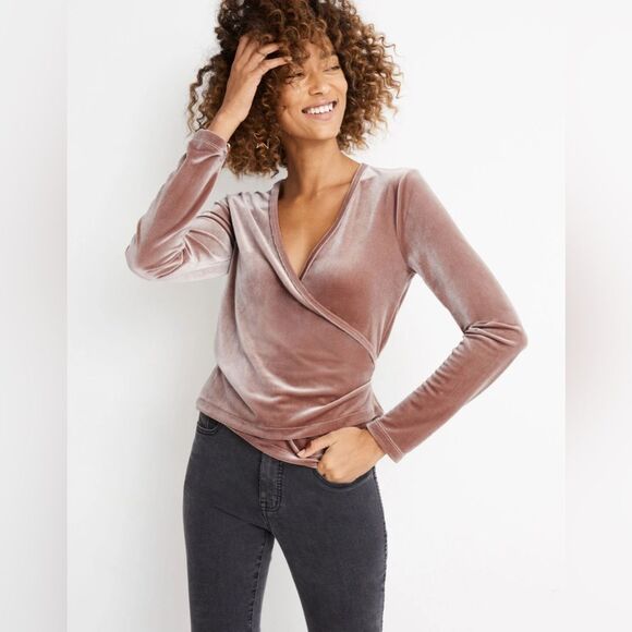 Madewell Warm Ash Velvet Ballet Wrap Top, Size Large - Picture 1 of 10